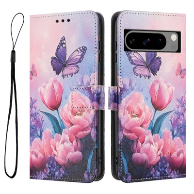 YX-2501 For Google Pixel 8 Pro Case Pattern Printing PU Leather Wallet Phone Cover with Lanyard - Pink Flower Butterfly