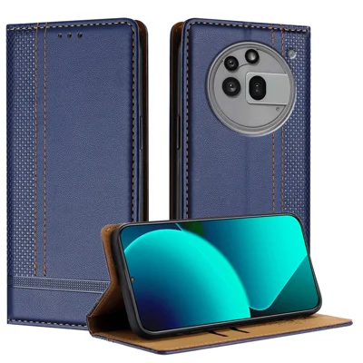 For Nothing Phone (3a) Pro Case L-Shaped Grid Pattern Leather Stand Phone Cover with Card Slots - Blue