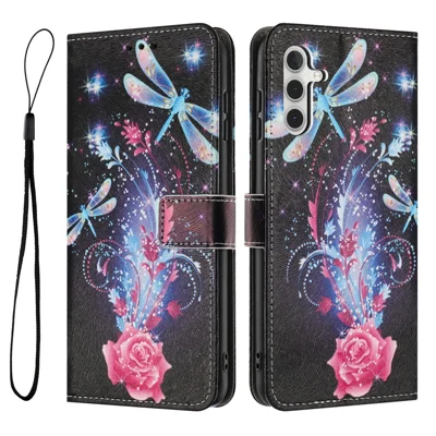 YX-2501 For Samsung Galaxy A35 5G Case Pattern Printing PU Leather Wallet Phone Cover with Lanyard - Dragonfly