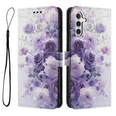 YX-2501 For Samsung Galaxy A54 5G Case Pattern Printing PU Leather Wallet Phone Cover with Lanyard - Purple Rose