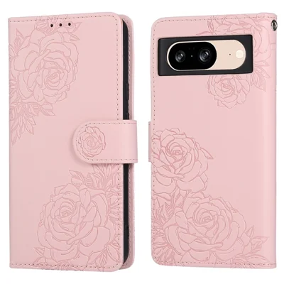 For Google Pixel 8 Case Rose Flower PU Leather Wallet Phone Cover with 3 Card Slots - Rose Gold