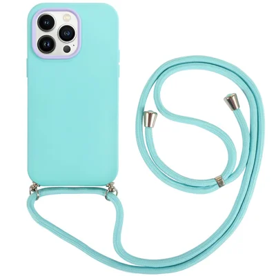 For iPhone 14 Pro Max PC Frame + Lens Ring + TPU Case 3-in-1 Phone Anti-scratch Anti-drop Cover with Lanyard - Mint Green
