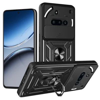For Nothing Phone (3a) Case with Slide Camera Lid PC + TPU Kickstand Phone Cover - Black