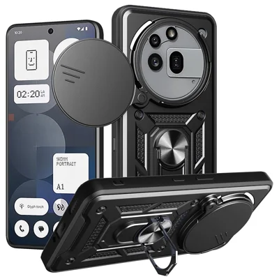 For Nothing Phone (3a) Pro Case with Slide Camera Lid PC + TPU Kickstand Phone Cover - Black