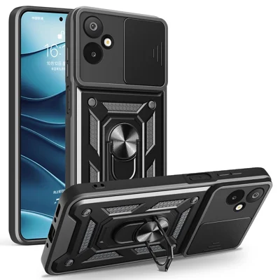 For Samsung Galaxy F06 5G  /  M06 5G Case with Slide Camera Lid PC + TPU Kickstand Phone Cover - Black