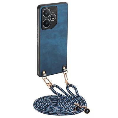For Realme Neo7 5G Retro Leather Phone Back Cover with Adjustable Strap - Blue