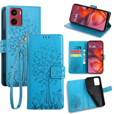 Voor Motorola Moto G05 4G hoesje PU lederen portemonnee telefoonhoes met geprinte boom en hert - Blauw