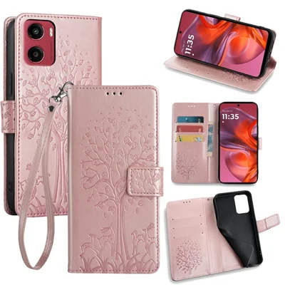 Voor Motorola Moto G05 4G hoesje PU lederen portemonnee telefoonhoes met geïmprimeerd boom-en-hertenmotief - Roségoud