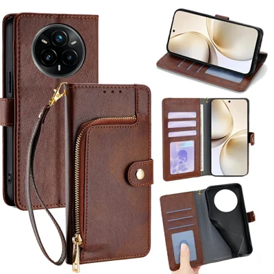 For Realme 14 Pro 5G Case Zipper Pocket PU Leather Wallet Flip Phone Cover - Brown