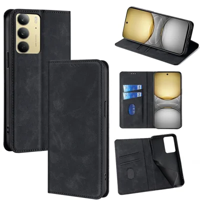 For Realme C75 4G / 14x 5G Card Holder Case PU Leather Magnetic Closing Phone Cover - Black