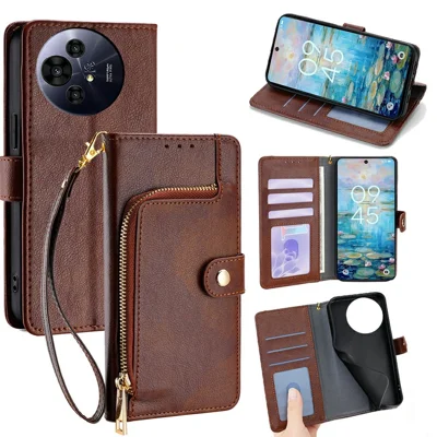 For TCL 50 Pro NxtPaper 5G / TCL 50 NxtPaper 5G Case Zipper Pocket PU Leather Wallet Flip Phone Cover - Brown