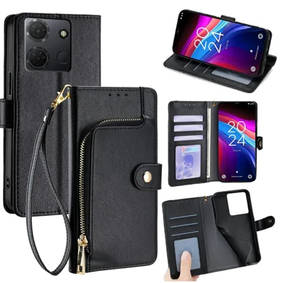 Voor TCL 503 Hoesje met Ritsvak PU Leren Portemonnee Flip Hoes - Zwart