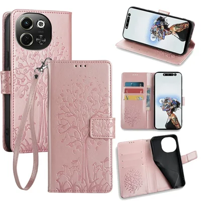 For TECNO Pova 6 Neo 5G / Spark 30 5G Case PU Leather Wallet Phone Cover Tree Deer Imprinted - Rose Gold