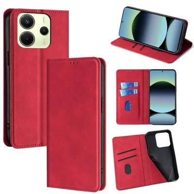For Xiaomi Redmi Note 14 4G (163.25mm) Card Holder Case PU Leather Magnetic Closing Phone Cover - Red