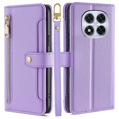 Leather Case For Xiaomi Redmi Note 14 Pro 5G  /  Note 14 Pro+ 5G  /  Poco X7 5G Zipper Pocket Wallet Phone Cover with 2 Straps - Purple