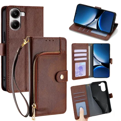 For Xiaomi Redmi Turbo 4 5G / Poco X7 Pro 5G Case Zipper Pocket PU Leather Wallet Flip Phone Cover - Brown