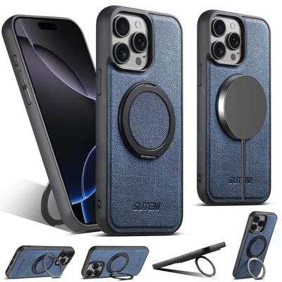 SUTENI G3 til iPhone 14 Pro Magnetisk Hylster med Roterende Ring og Støttefod i Jeansstruktur af PU og TPU Bagside - Blå