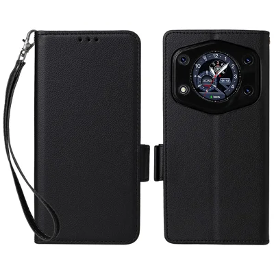 For Cubot A30 Case with Wrist Strap Litchi Texture PU Leather Wallet Phone Cover - Black