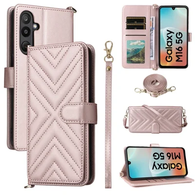 For Samsung Galaxy M16 5G  /  F16 5G Wallet Case with Shoulder / Wrist Strap Leather Phone Cover Stand - Pink