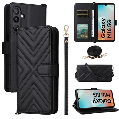 For Samsung Galaxy M16 5G  /  F16 5G Wallet Case with Shoulder / Wrist Strap Leather Phone Cover Stand - Black