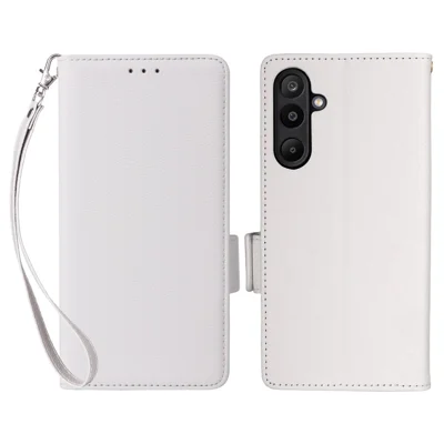For Samsung Galaxy M16 5G  /  F16 5G Case with Wrist Strap Litchi Texture PU Leather Wallet Phone Cover - White
