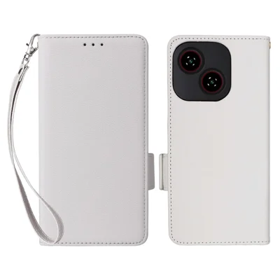 For ZTE Blade A35e (EU) (Z2466) Case with Wrist Strap Litchi Texture PU Leather Wallet Phone Cover - White