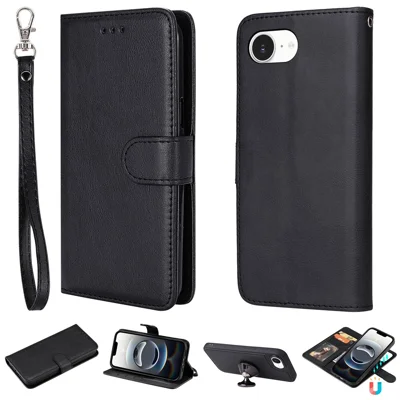 Til iPhone 16e Case 2 i 1 aftagelig magnetisk læderwallet mobil dækning med stropløsning - Sort