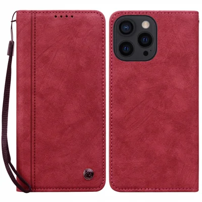 For iPhone 14 Pro Max Case Lines Pattern Wallet Leather Phone Cover with Strap - Red