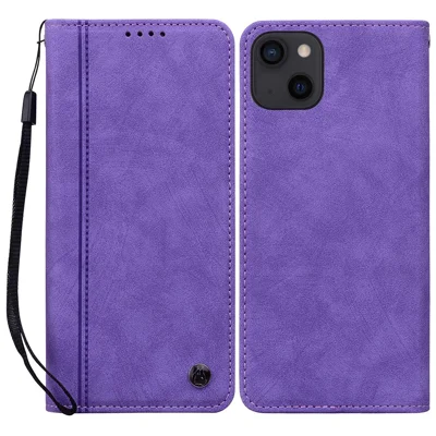 For iPhone 15 Case Lines Pattern Wallet Leather Phone Cover with Strap - Purple