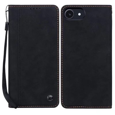 For iPhone 16e Hoesje met Lijnpatroon Portefeuille Leren Telefoonhoes met Bandje - Zwart