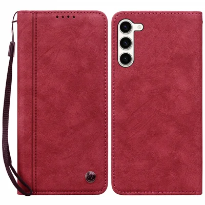 For Samsung Galaxy S23 Case Lines Pattern Wallet Leather Phone Cover with Strap - Red