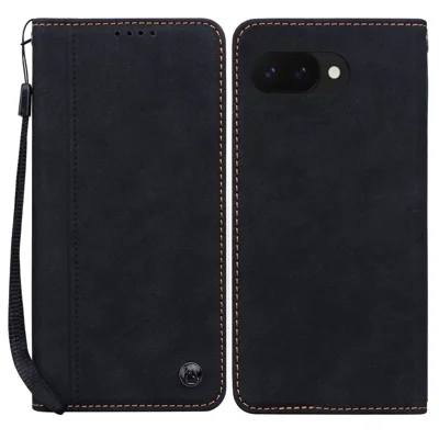For Google Pixel 9a Case Lines Pattern Wallet Leather Phone Cover with Strap - Black