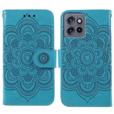 For Motorola Edge 50 Pro 5G / Edge 50 5G Case PU Leather Mandala Imprinted Design Wallet Phone Cover - Blue