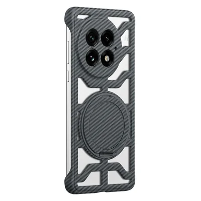 For OnePlus 13 Case with Kickstand Heat Dissipation Hard PC Phone Back Cover Carbon Fiber Texture - Grey