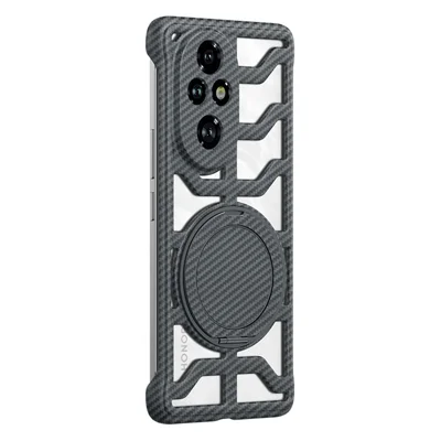 For Honor 200 5G Case with Kickstand Heat Dissipation Hard PC Phone Back Cover Carbon Fiber Texture - Grey
