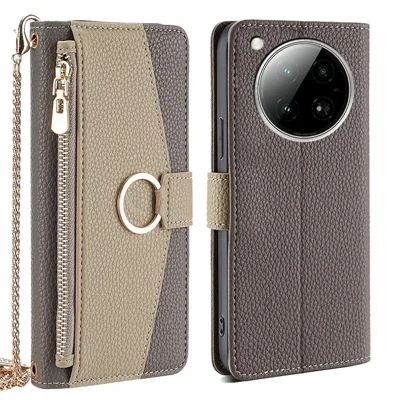 For Infinix Zero 40 4G Case Mirror Wallet Leather Phone Cover with Chain Shoulder Strap - Grey