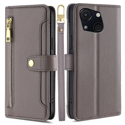 For itel A50C Leather Case Zipper Pocket Wallet Phone Cover with 2 Straps - Grey