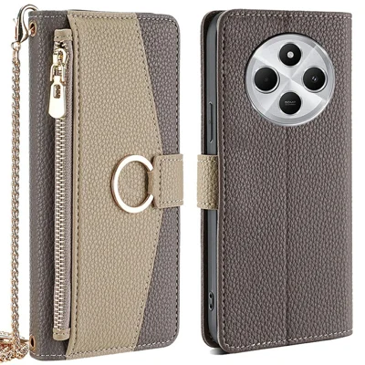 Lederen Hoesje voor Xiaomi Redmi 14C 4G / 14R 5G / A4 5G / Poco C75 4G Spiegel Portemonnee Telefoonhoesje met Ketting Schouderriem - Grijs