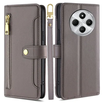 Leather Case for Xiaomi Redmi 14C 4G / 14R 5G / Poco C75 4G / A4 5G Zipper Pocket Wallet Phone Cover with 2 Straps - Grey