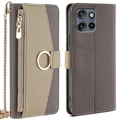 Leather Case For Motorola Edge 60 Neo 5G / Edge 50 Neo 5G / Moto S50 5G / ThinkPhone 25 5G Mirror Wallet Phone Cover with Chain Shoulder Strap - Grey