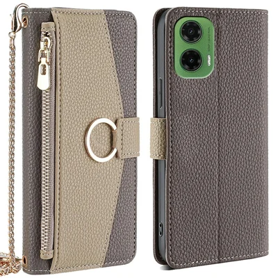 For Motorola Moto G35 5G Case Mirror Wallet Leather Phone Cover with Chain Shoulder Strap - Grey