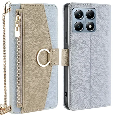 For Xiaomi 14T Pro Case Mirror Wallet Leather Phone Cover with Chain Shoulder Strap - Blue