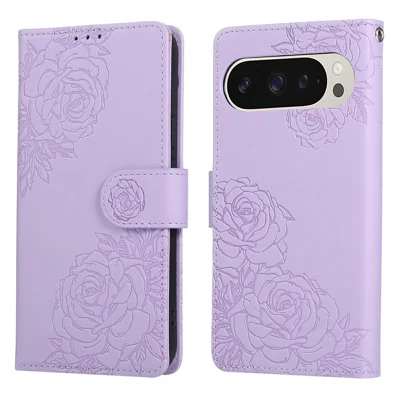 For Google Pixel 9 / 9 Pro Case Rose Flower PU Leather Wallet Phone Cover with 3 Card Slots - Light Purple