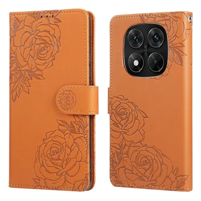 Phone Case For Xiaomi Redmi Note 14 Pro 5G / Note 14 Pro+ 5G / Poco X7 5G Rose Flower PU Leather Wallet Cover with 3 Card Slots - Brown