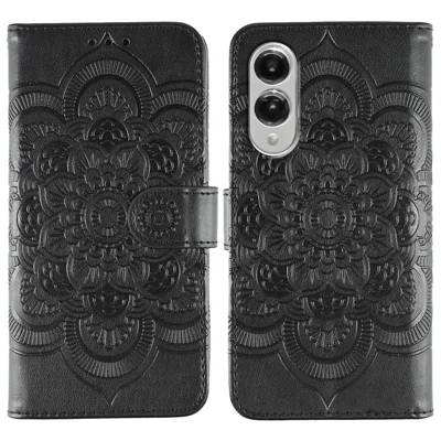 For Samsung Galaxy S25 Edge Case PU Leather Mandala Imprinted Design Wallet Phone Cover - Black