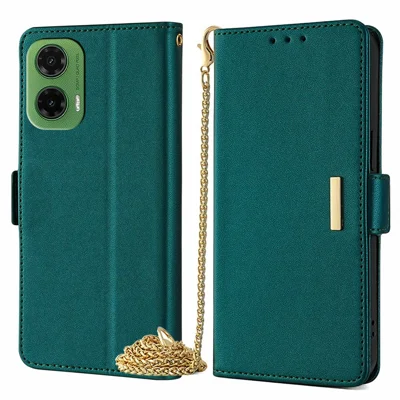 For Motorola Moto G35 5G Case PU Leather Wallet Stand Phone Cover with Crossbody Shoulder Strap - Green