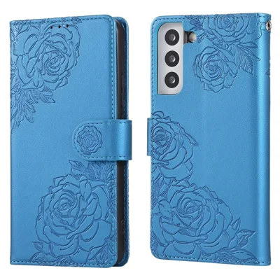 For Samsung Galaxy S22+ 5G Case Rose Flower PU Leather Wallet Phone Cover with 3 Card Slots - Blue
