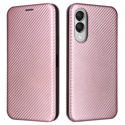 For Samsung Galaxy S25 Edge Case Carbon Fiber Texture Drop-Proof PU Leather Phone Cover - Rose Gold