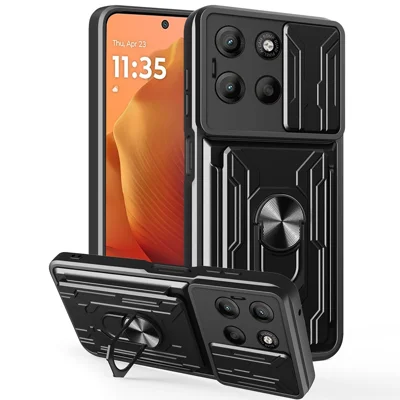 Voor Motorola Moto G15 4G hoesje PC + TPU met standaard en camerashuif - Zwart