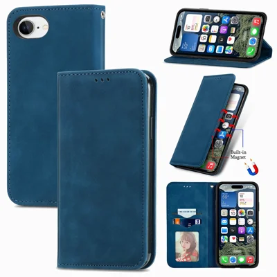 For iPhone 17e / 16e Leather Case with Card Holder Magnetic Absorption Phone Cover - Dark Blue